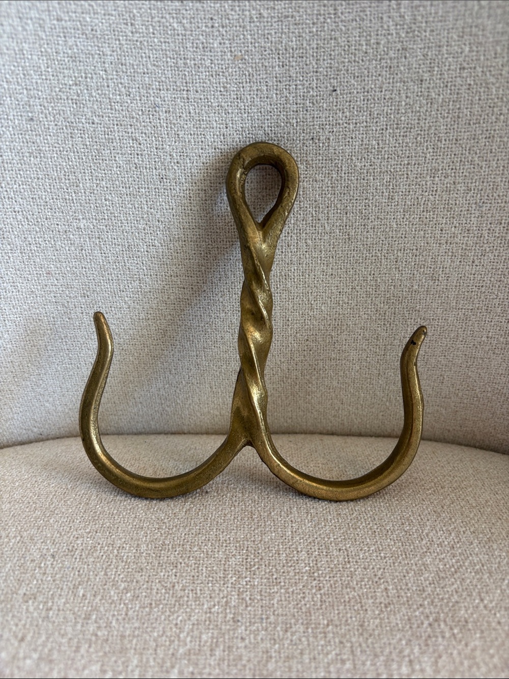 Vintage Solid Brass Double Prong Hook Twisted Stem